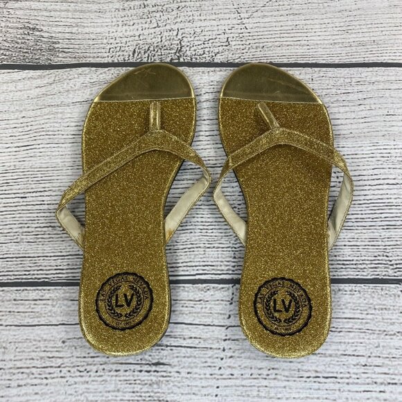 LAS VEGAS LV Flip Flops Women 8 Glitter Gold Light Weight Thong Sandals Shoes - Picture 2 of 4